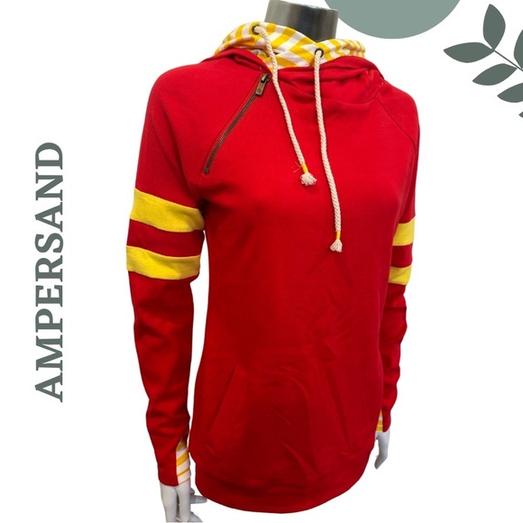 Ampersand Ave Doublehood Hoodie | Red & Yellow Striped Sleeves | Bright Size XS - Picture 3 of 10